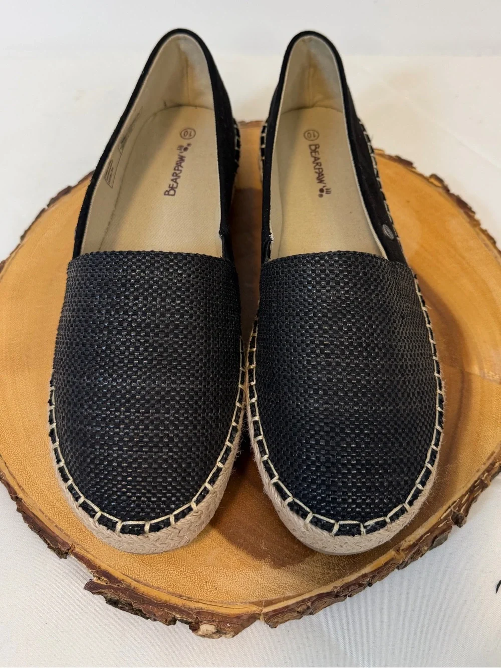 BearPaw Macchiato Black Woven Espadrille Slip-On Flats Round Toe Women’s Size 10